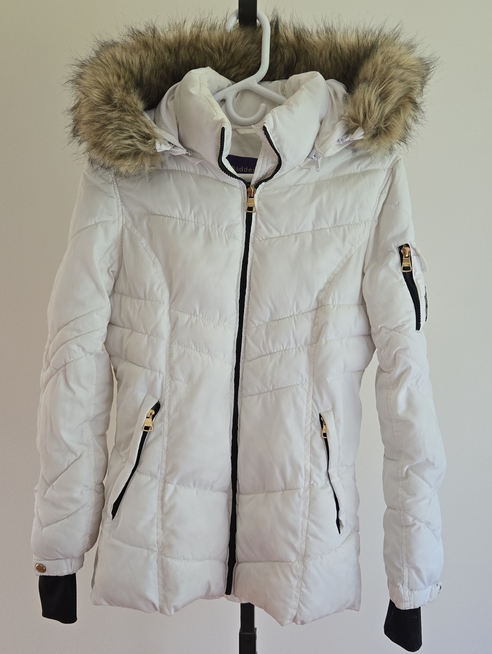 Madden Girl White Puffer Jacket with Faux Fur Trim